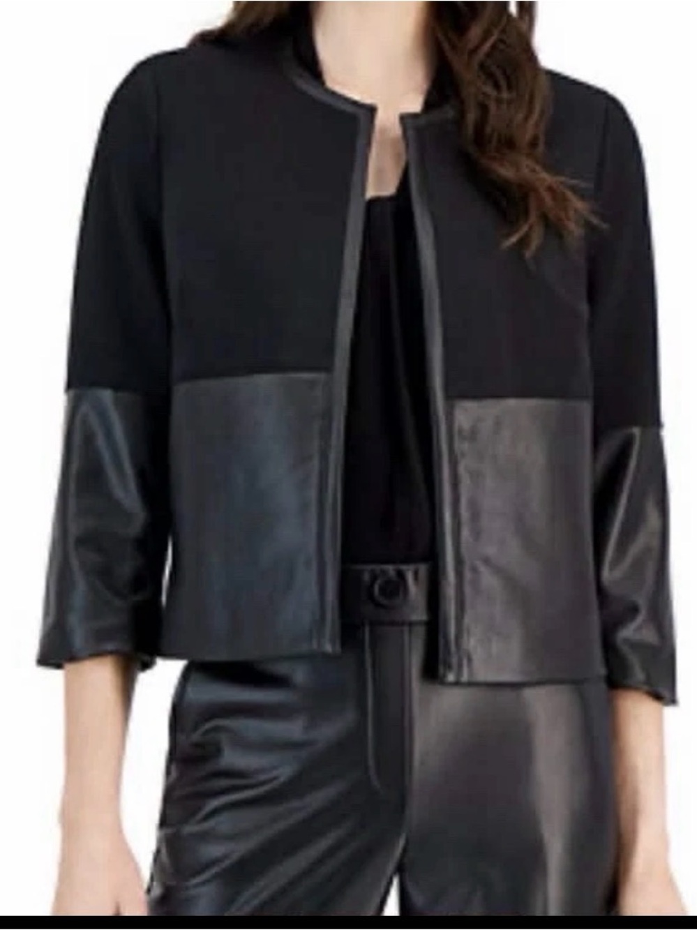 Kasper Black Cropped Jacket with Faux Leather Panels